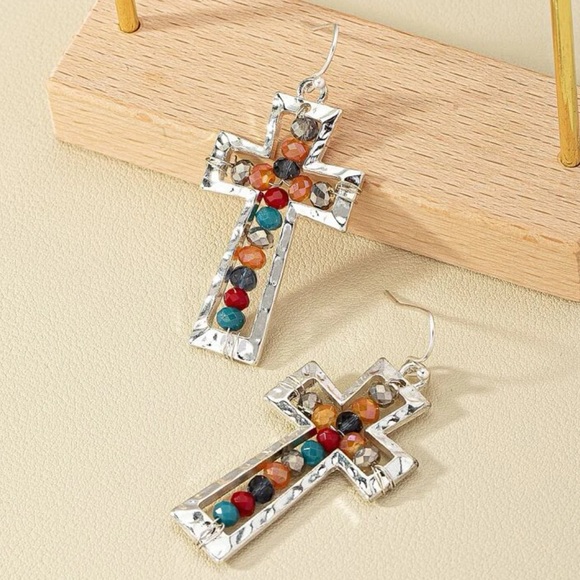 Jewelry - Hammered Hollow Multicolor Beaded Cross